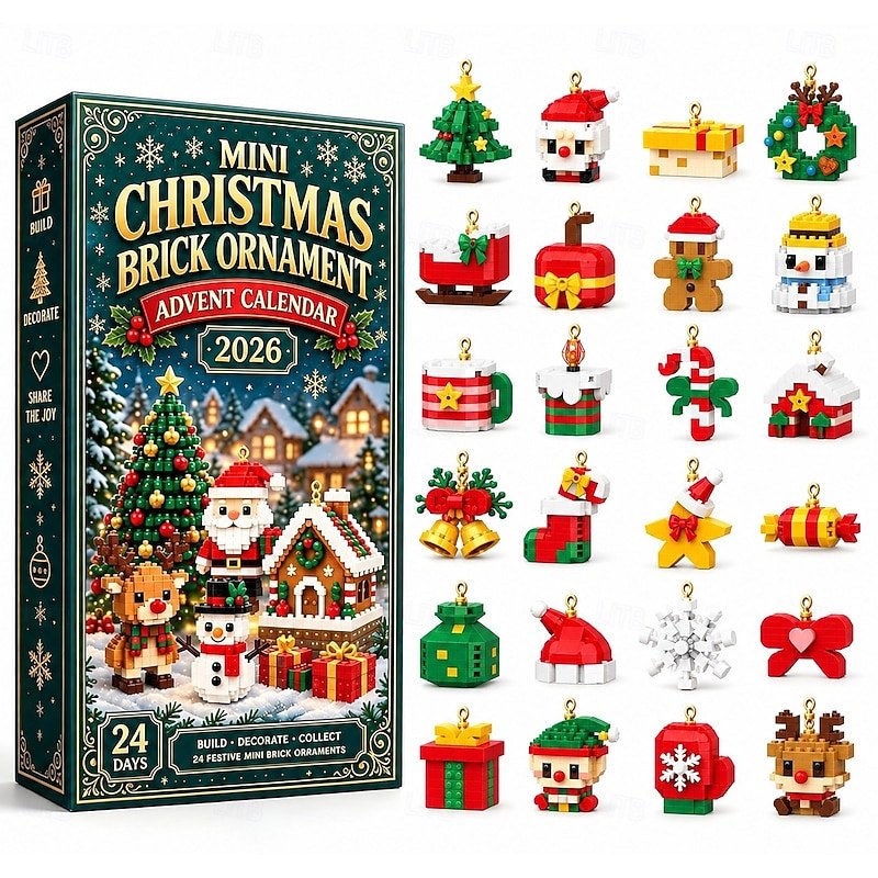 karácsonyi tégladísz adventi naptár 24 napos mini, egyedi, megépíthető ünnepi minták akasztófülekkel fákhoz, girlandokhoz &ünnepi dekoráció, barkács karácsonyi építőkockák ajándék gyerekeknek és — Multi Color