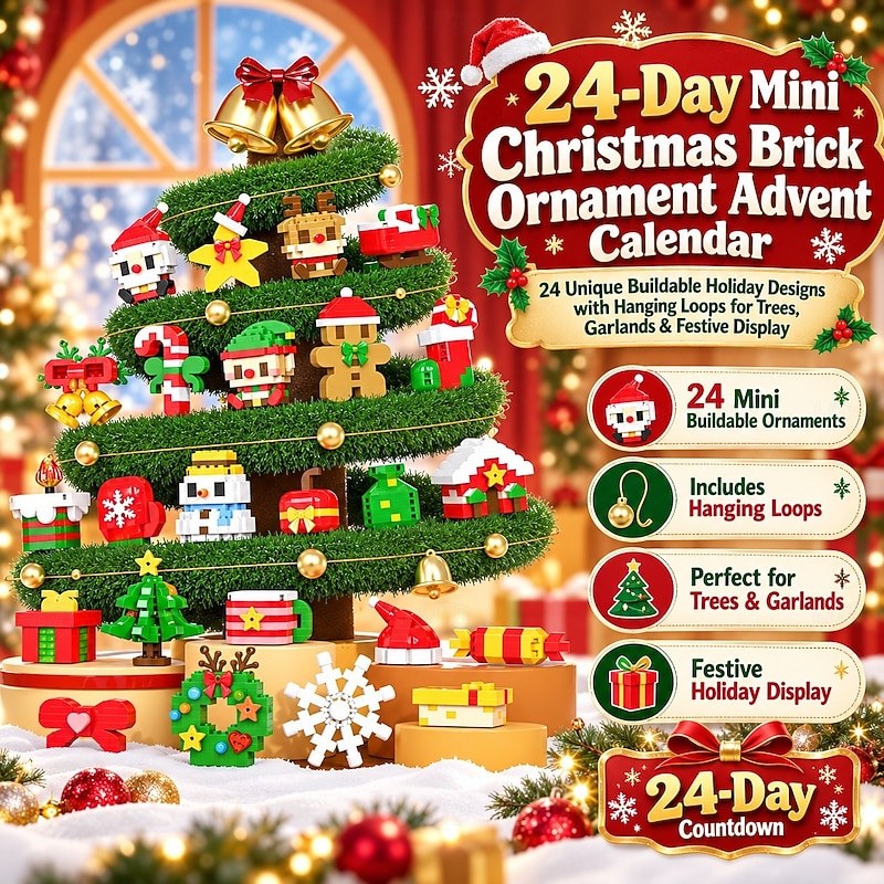 karácsonyi tégladísz adventi naptár 24 napos mini, egyedi, megépíthető ünnepi minták akasztófülekkel fákhoz, girlandokhoz &ünnepi dekoráció, barkács karácsonyi építőkockák ajándék gyerekeknek és — Multi Color - 2. kép