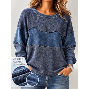 női gofrizurás felsők mosott pamut texturált blúz patchwork színblokk sima elegáns bohém vintage hosszú ujjú kerek nyakú normál felsők hétköznapi sportos kék sárga piros narancssárga tavasz ősz tél — Kék / S