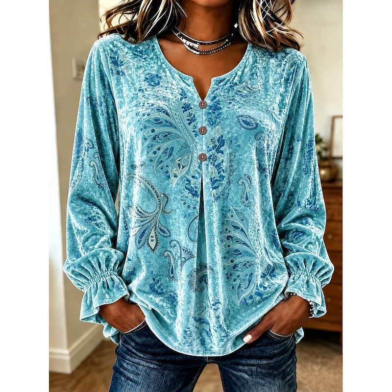 Women's Velvet Shirt Floral Graphic Paisley Elegant Vintage Fashion Long Sleeve Regular Tops Casual Daily Streetwear Green Spring Fall Winter — Green / S