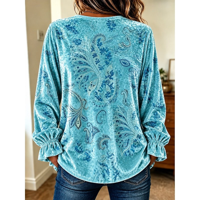 Women's Velvet Shirt Floral Graphic Paisley Elegant Vintage Fashion Long Sleeve Regular Tops Casual Daily Streetwear Green Spring Fall Winter — Green / S - Image 2