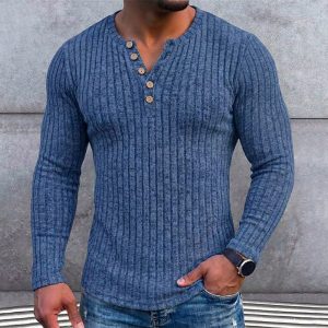 Férfi Póló Polár ing Alsó ing Bordás kötött póló Hosszú ujj V-alakú Henley Meleg Sima Ősz & tél Tavasz Ősz Tömör szín Texturált Meleg Hagyományos / Vintage Alkalmi Hétköznapi Otthon Szabadtéri — Navy Blue / S