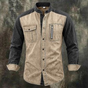 DenimTone™ Men Shirt Garment Dyed Acid Wash Shirt Blue Wine Green khaki Long Sleeve Plain Mandarin Collar Casual Daily Pocket Clothing Apparel Elegant Vintage Fashion Casual — khaki / S