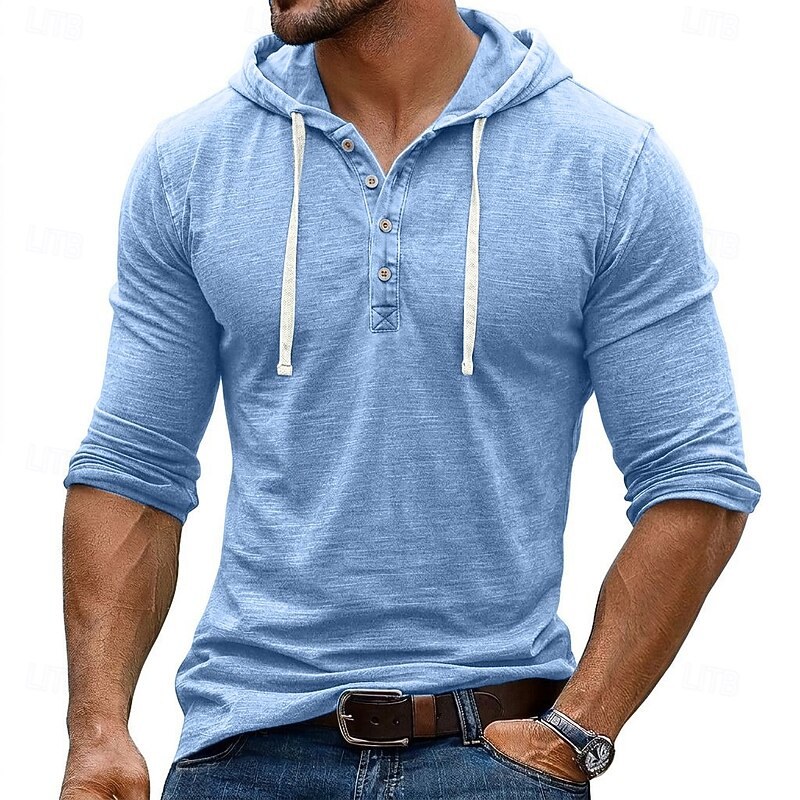Men's Blue 100% Cotton Hooded Henley Shirt, Breathable Moisture-Wicking Soft Long Sleeve Casual Pullover Top — Light Blue / S