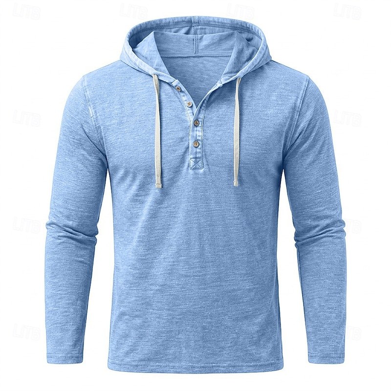 Men's Blue 100% Cotton Hooded Henley Shirt, Breathable Moisture-Wicking Soft Long Sleeve Casual Pullover Top — Light Blue / S - Image 2
