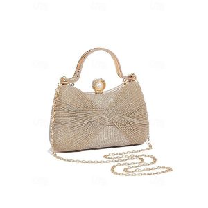 Elegáns női estélyi clutch táska, poliészter anyagból, többszínű, rakott csomós kialakítás láncpánttal, tökéletes esküvőkre, bankettekre és partikra — Pink