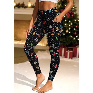 Karácsony Női pilates leggings Fitness nadrág Sportnadrág edzéshez Zsebek Bélyegilleték Oldalzsebek Pilates Tornaterem Edzőterem edzés Nadrágok Harisnyanadrág Leggingek Karácsony Fekete Sötétvörös — Fekete / S