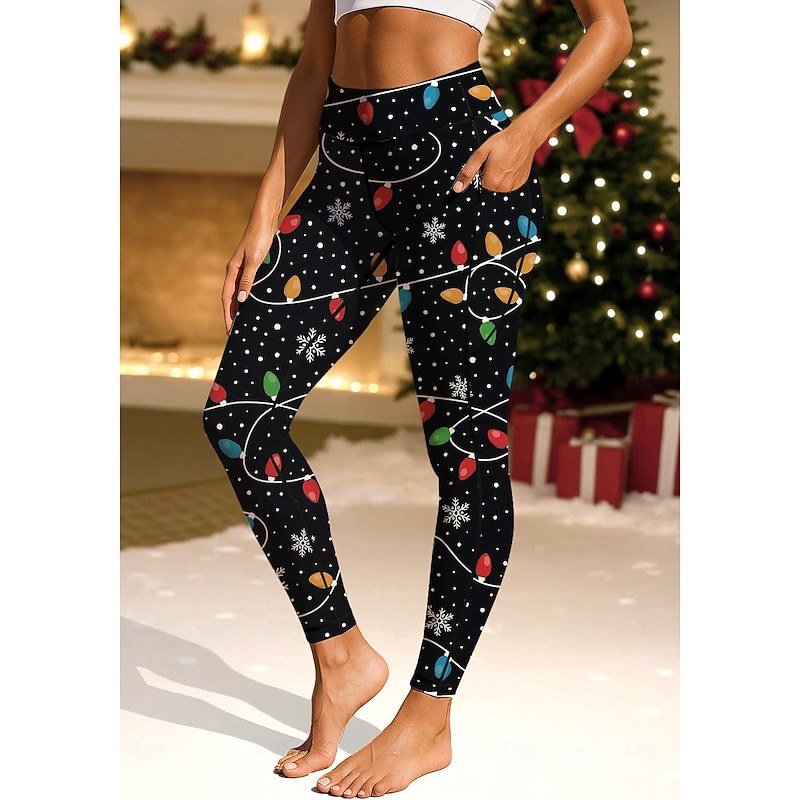 Christmas Women's pilates leggings fitness pants Gym Leggings Pockets Stamp Duty Side Pockets Pilates Gym Gym Workout Pants Tights Leggings Christmas Black Dark Red Red Sports Activewear Stretchy — Black / S