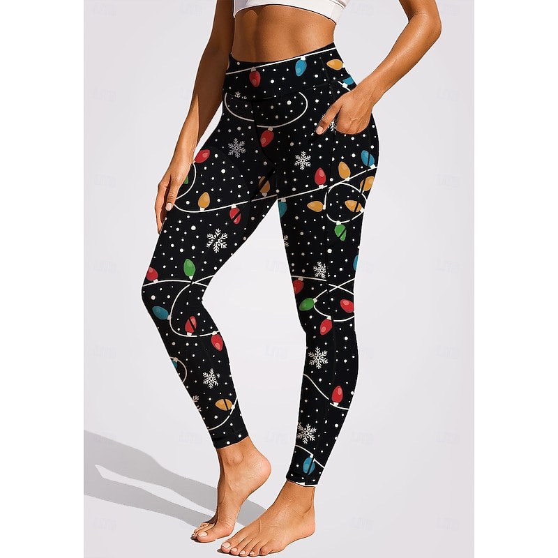 Christmas Women's pilates leggings fitness pants Gym Leggings Pockets Stamp Duty Side Pockets Pilates Gym Gym Workout Pants Tights Leggings Christmas Black Dark Red Red Sports Activewear Stretchy — Black / S - Image 2