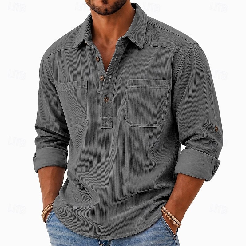 Men Shirt Casual Shirt Corduroy Shirt Button Up Shirt Plain Casual Outdoor Street Shopping Long Sleeve Turndown Fall & Winter Fall Winter Multiple Pockets — Gray / S