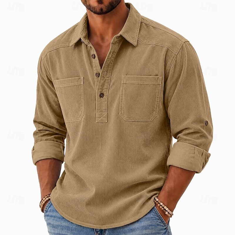 Men Shirt Casual Shirt Corduroy Shirt Button Up Shirt Plain Casual Outdoor Street Shopping Long Sleeve Turndown Fall & Winter Fall Winter Multiple Pockets — Gray / S - Image 2