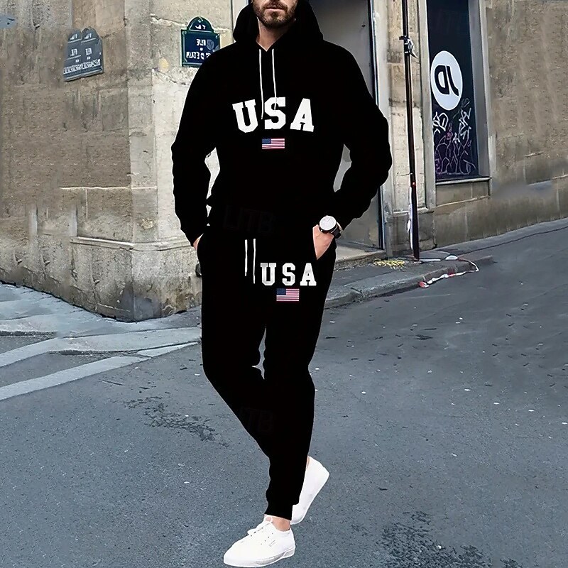 Függetlenség napja Amerikai függetlenség napja Férfi Futóruha Polár melegítő szettek Zsinór Szöveg Ruházat Ősz & tél Fekete Fekete / Fehér Edzés Utazás Sportok Meleg Hosszú ujj Sport Sportruházat — Black / S - 2. kép