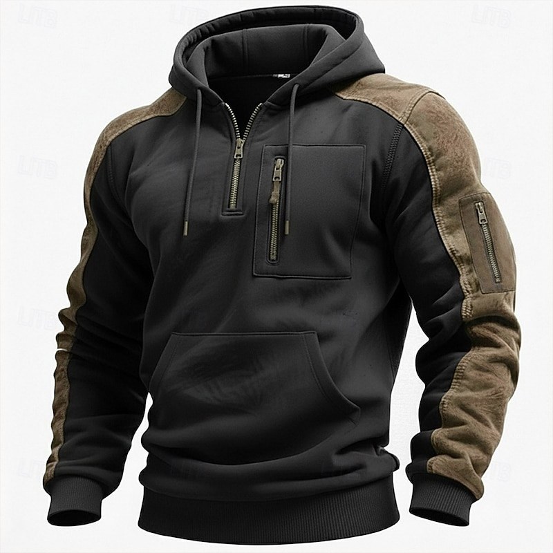 Men's Hoodie Quarter Zip Hoodie Tactical Hoodie Black Hooded Plain Half Zip Kangaroo Pocket Casual Daily Sports & Outdoor Cool Sportswear Casual Spring & Fall Clothing Apparel Hoodies Sweatshirts — Black / S - Image 2