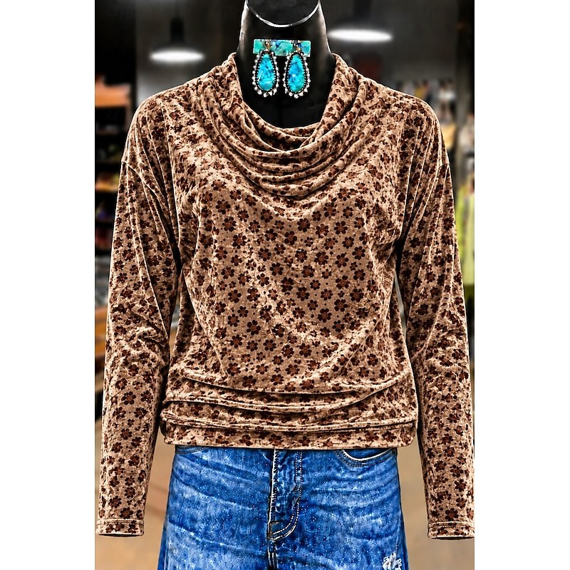 Women's Velvet T Shirt Floral Graphic Plants Elegant Vintage Fashion Long Sleeve Cowl Neck Regular Tops Casual Daily Party Evening Wear Khaki Spring Fall Winter — Khaki / S