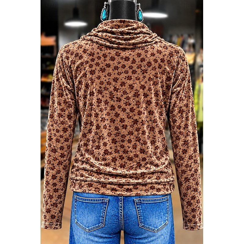 Women's Velvet T Shirt Floral Graphic Plants Elegant Vintage Fashion Long Sleeve Cowl Neck Regular Tops Casual Daily Party Evening Wear Khaki Spring Fall Winter — Khaki / S - Image 2