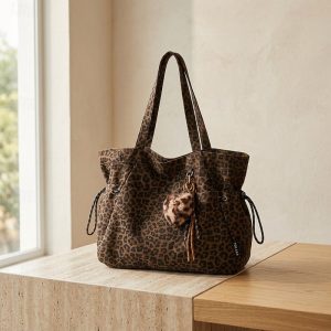 női leopárdmintás vászon táska húzózsinóros válltáska nagy kapacitású, könnyű, hétköznapi utazáshoz — Dark Brown