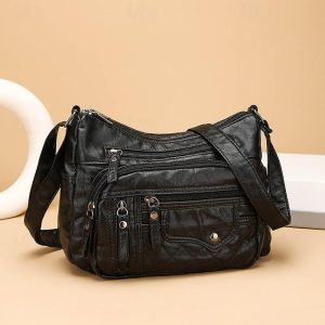 női többzsebes crossbody táska, könnyű műbőr válltáska utazáshoz, mindennapi használatra és szabadtéri használatra — Fekete