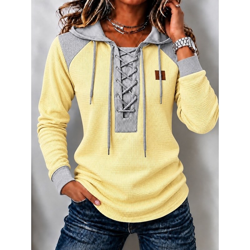 Women's Waffle Polo Shirts Drawstring Solid Color Bohemia Active Vacation Long Sleeve Hooded Regular Tops Casual Blue White Yellow Red Spring Fall Winter — Yellow / S