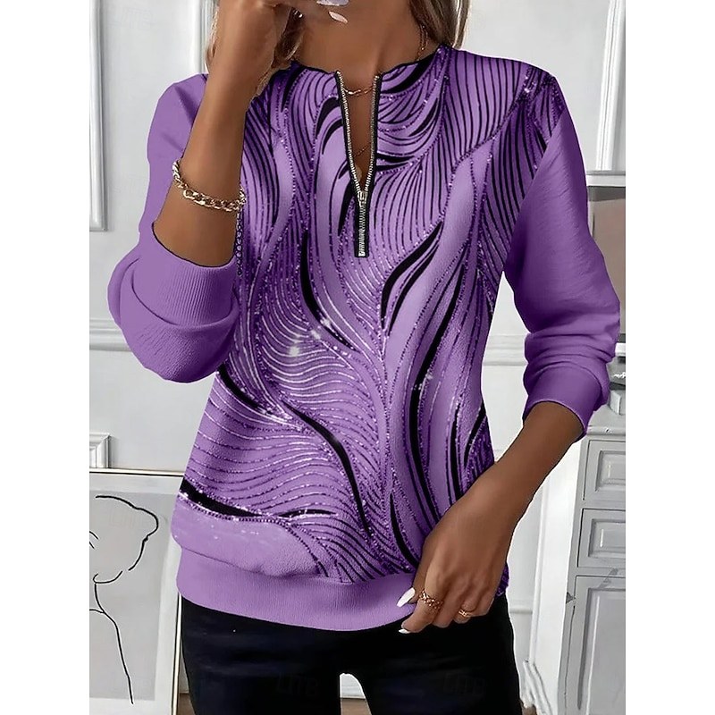 Women's Zip Up Sweatshirts Zipper Print Graphic Abstract Fashion Casual Long Sleeve Round Neck Regular Tops Street Dailywear Blue Purple Orange Green Gray Fall Winter — Purple / S