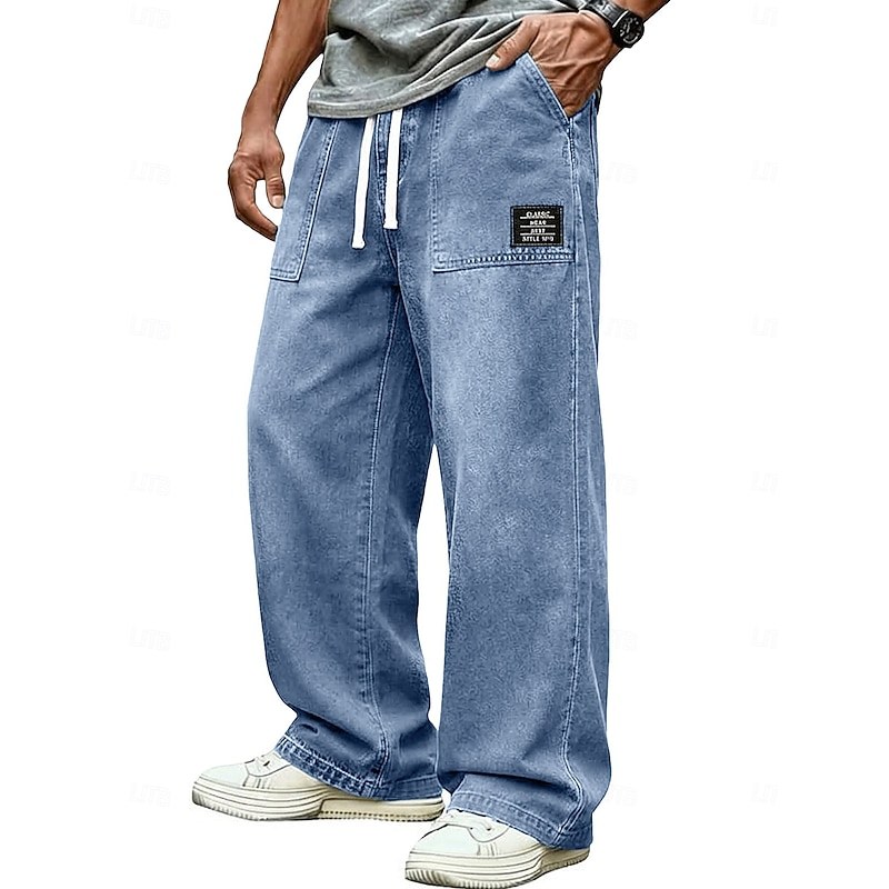 DenimTone™ Férfi Nadrág Kényelmes Nadrág 100% Pamut Kényelmes Nadrág Baggy Nadrág Zsinóros Rugalmas Derék Egyenes Szár Simább Kényelmes Lélegző Teljes Hosszú Kényelmes Napi Kültéri Vakációs Divat Kék — Kék / S