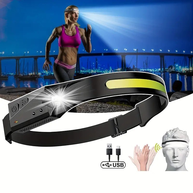 LED Headlamp, Rechargeable Flashlight for Adults, 230 Wide Beam Headlight, Motion Sensor Head Lamp, Adjustable Headband Outdoor Waterproof Head Light for Running, Camping, Hiking