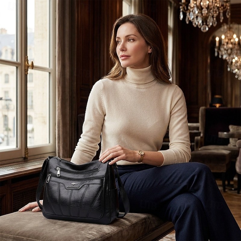 Women's Black Brown Crossbody Bag with Multiple Zippered Pockets - Stylish & Practical Everyday Shoulder Bag for Work & Casual Use — 2019 black - Image 2
