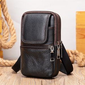 férfi bőr crossbody válltáska - kompakt többrekeszes futártáska állítható pánttal utazáshoz és mindennapi használatra — Fekete